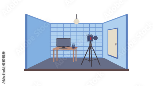 Video recording studio setup with camera on tripod and monitor for online content creation and streaming