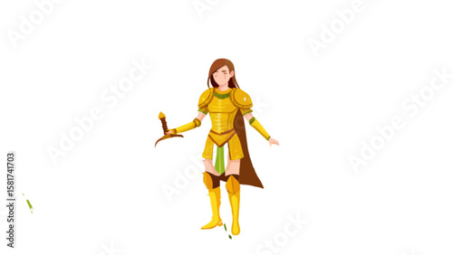 Fantasy female knight warrior in golden armor holding sword illustration for games and character design