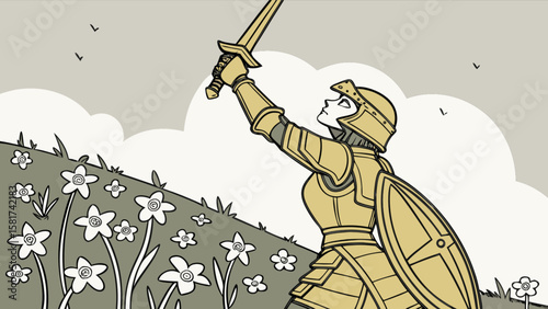 Illustration of a female knight in shining armor holding sword in flower field landscape art design
