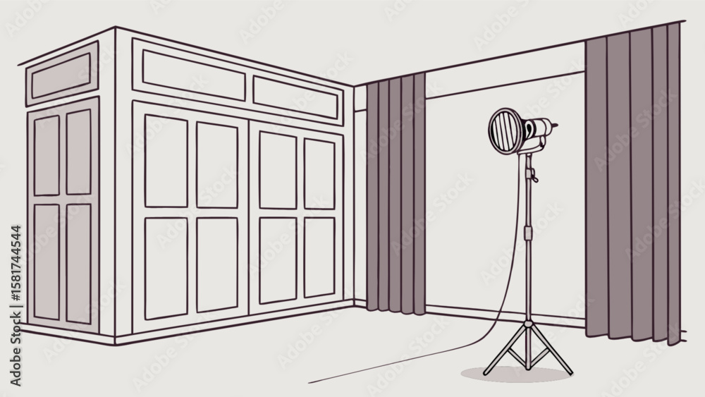 Photography studio setup with backdrop lighting and equipment for professional photo shoot session room design