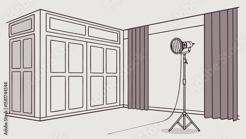 Photography studio setup with backdrop lighting and equipment for professional photo shoot session room design