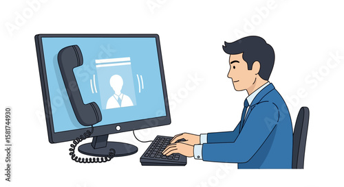 Businessman on Computer with Video Call and Phone.