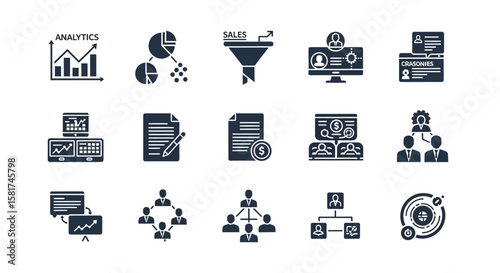 Collection of Business and Financial Icons in Dark Blue.