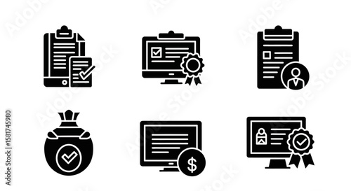 Black Icons Representing Business Finance and Approval.