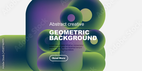 Abstract shapes, vibrant colors, geometric design. Text overlay includes title, sample text, button. Modern aesthetic, clean presentation.