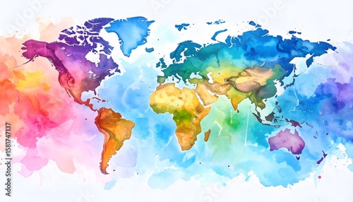 Watercolor World Map: Vibrant Continents in a Colorful Artistic Style