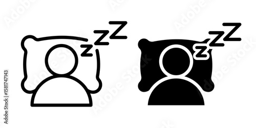 Sleep people icon set. Person with pillow in bed sleeping. Hotel flat icon. Sleeping shelter sign. Healthy lifestyle symbol. Vector Illustration.
