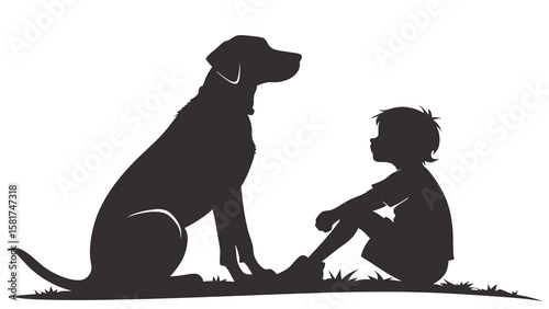 Dog Sitting Beside Child — Minimalist Silhouette for Pet Lovers and Emotional Posters