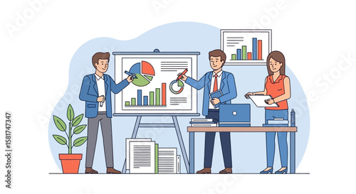 Business Team Presenting Charts and Graphs on Whiteboard.