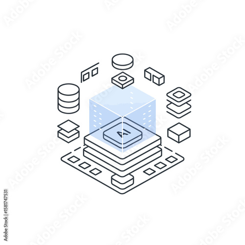 Isometric illustration depicting AI technology, data processing, and digital infrastructure.