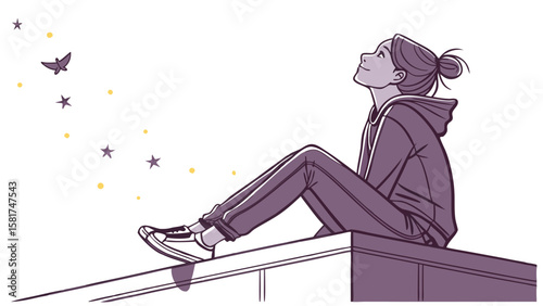 Silhouette of Teen Girl Watching Fireflies on Rooftop — Emotional Summer Night Vector for POD and SVG