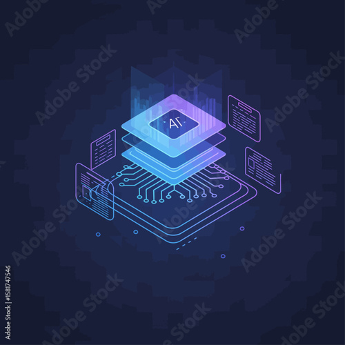 Abstract isometric illustration of an AI chip with layered elements and data visualizations on a dark blue background.