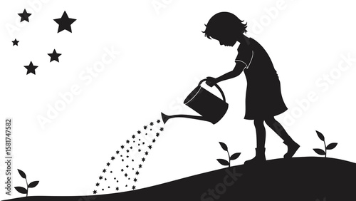 Silhouette of Child Watering Stars – Celestial Growth Concept for Motivational SVG, Cricut, Planner & POD