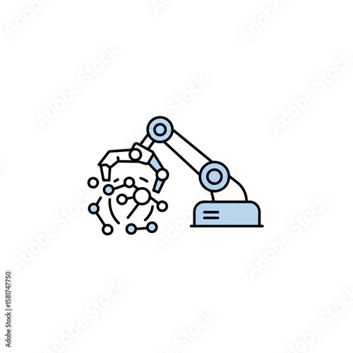 Robotic arm manipulating a cluster of interconnected molecular structures, representing technology.