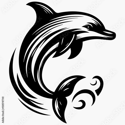 Graceful dolphin silhouette swimming in ocean water