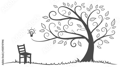 Thought Tree Growing from Chair Silhouette – Symbolic Vector for Creative Growth, Rest, and Meditation Spaces”