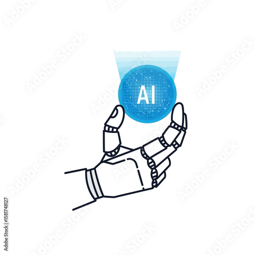 A robotic hand delicately holding a glowing sphere with "AI" text.