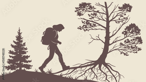 Rooted Wanderer – Silhouette of a Traveler with Backpack Blending into Tree Roots