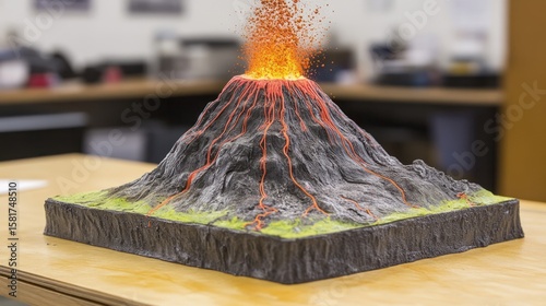 A volcano model erupts on a table