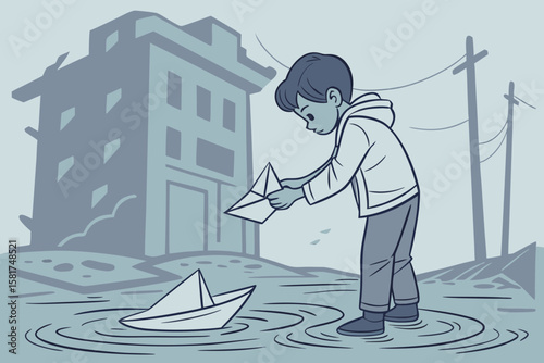 Boy Holding Paper Boat in Flooded Street – Resilience in Chaos Silhouette