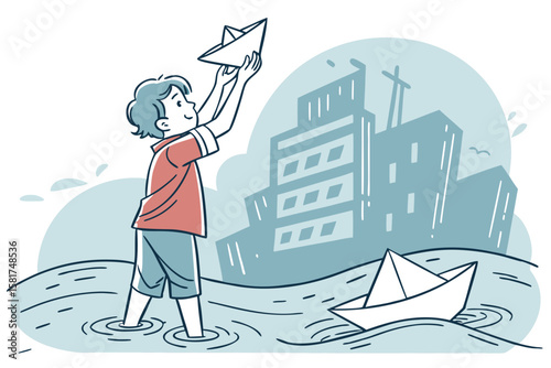 Boy Holding Paper Boat in Flooded Street – Resilience in Chaos Silhouette