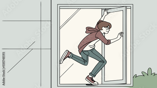 A teen in mid-air, leaping through a tall, upright window frame. One leg through, one trailing behind. Symbolizes breaking social or personal barriers, stepping into freedom or rebellion.