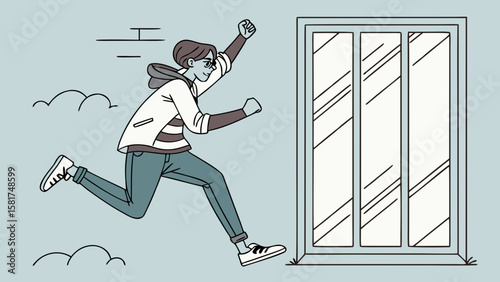 A teen in mid-air, leaping through a tall, upright window frame. One leg through, one trailing behind. Symbolizes breaking social or personal barriers, stepping into freedom or rebellion.