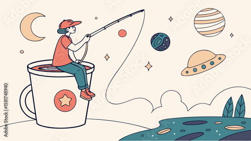 Boy Fishing for Planets in a Coffee Cup – Dream Hunter Silhouette