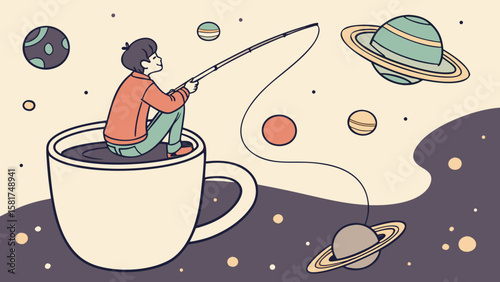 Boy Fishing for Planets in a Coffee Cup – Dream Hunter Silhouette