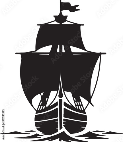 Black silhouette of a tall ship with full sails on choppy water sailing maritime