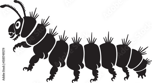 Black silhouette of a segmented caterpillar with spiky protrusions and multiple legs