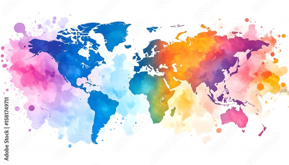 Fototapeta premium Watercolor World Map with Vibrant Hues and Splatter Effects on White Background