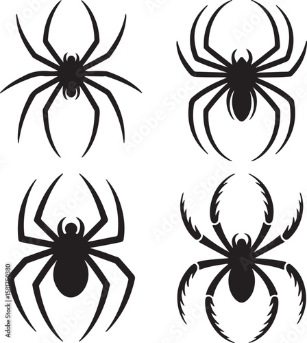 Black spider silhouettes with eight legs and segmented bodies arachnid insect