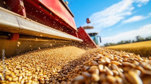 Close-up of a harvester discharging wheat