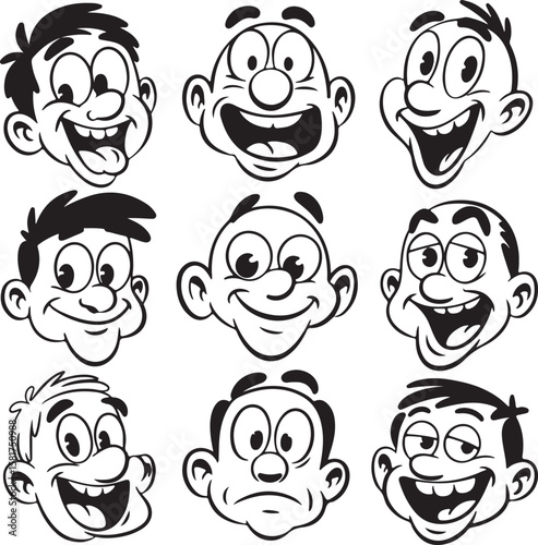 Cartoon faces with varied expressions and black and white silhouette vector