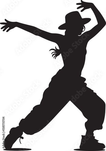 Dancer in hat with arms outstretched in dynamic pose silhouette hip hop