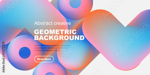 Vibrant abstract shapes overlap black background. Text promotes content, includes read more button. Modern design, fluid forms, bright colors.