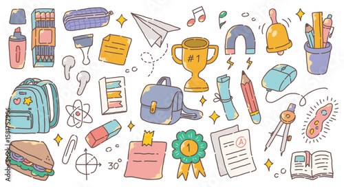 Back to School Doodle Clipart Collection | Trophy, Paper Plane, Backpack, Supplies
