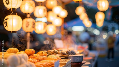 Warm lanterns illuminate a bustling night market food stall
