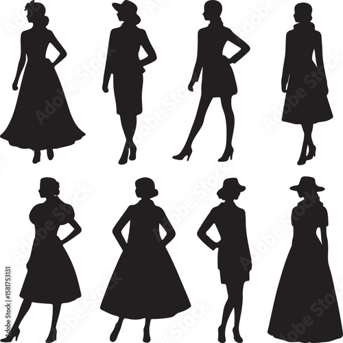 Elegant ladies in fashionable attire showcasing diverse silhouettes women dresses