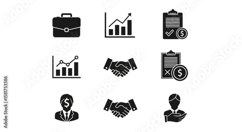 Black Business Icons Representing Finance Agreement and Success.