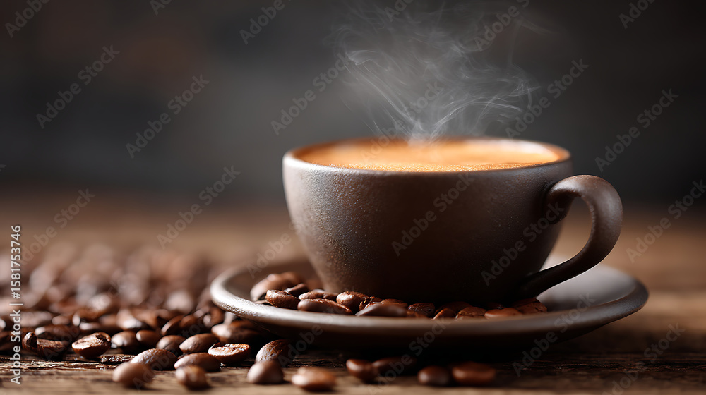 Steaming espresso cup with coffee beans, warm brown tones - the essence of rich coffee moments Steaming espresso cup with coffee beans, warm brown tones - the essence of rich coffee moments