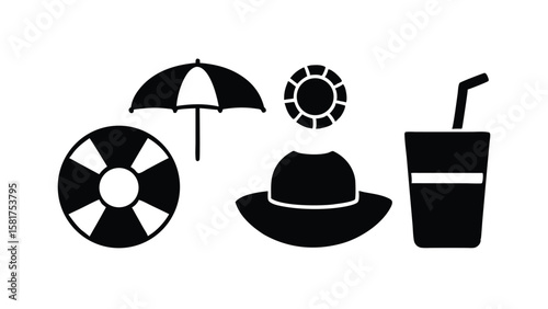 Minimalist Vector Icon Set Featuring Beach Essentials and Summer Holiday Elements
