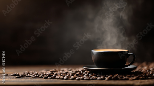 Steaming espresso cup with coffee beans, warm brown tones - the essence of rich coffee moments