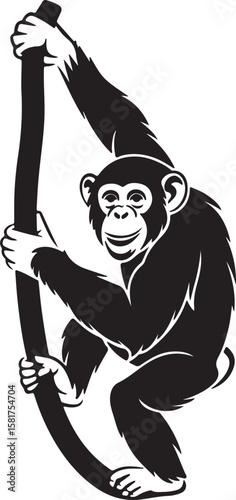 Black chimpanzee silhouette hanging on a thick branch monkey primate