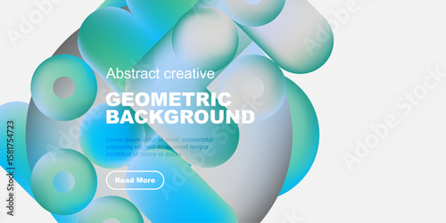 Abstract geometric shapes, vibrant colors, modern design. Text overlay includes geometric background, plus sample text, button. Clean aesthetic.