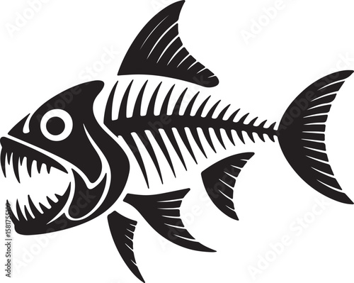 Black fish skeleton with sharp teeth and fins white