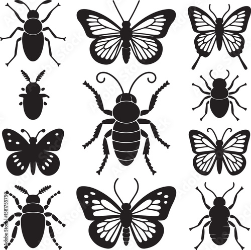 Black silhouette insects and butterflies butterfly beetle