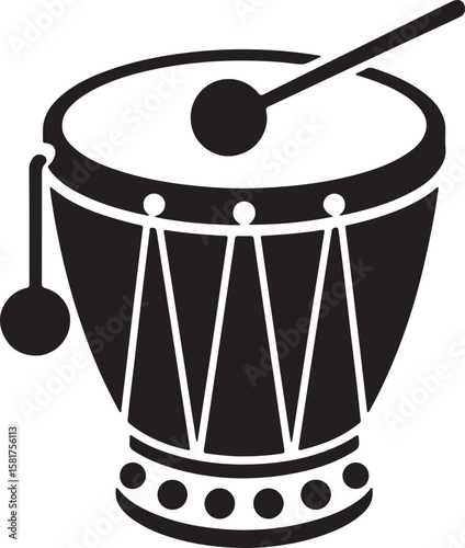 Black silhouette of a djembe drum with a drumstick and beater percussion musical instrument