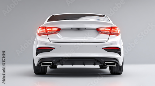 Sleek car rear view, reflective surfaces, studio lighting. Modern automotive elegance in a minimalist setting.